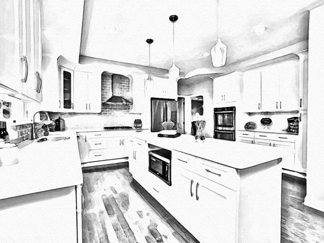 A drawn rendering of a kitchen layout showing the island, range wall and cabinet runs